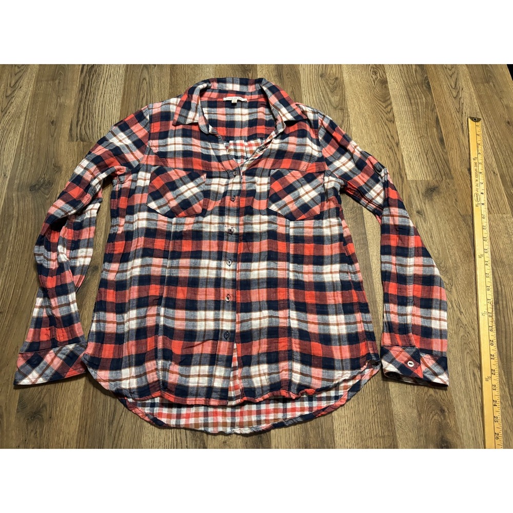 Skies Are Blue Plaid Women Size M Red Navy White Button Down Shirt Long Sleeve